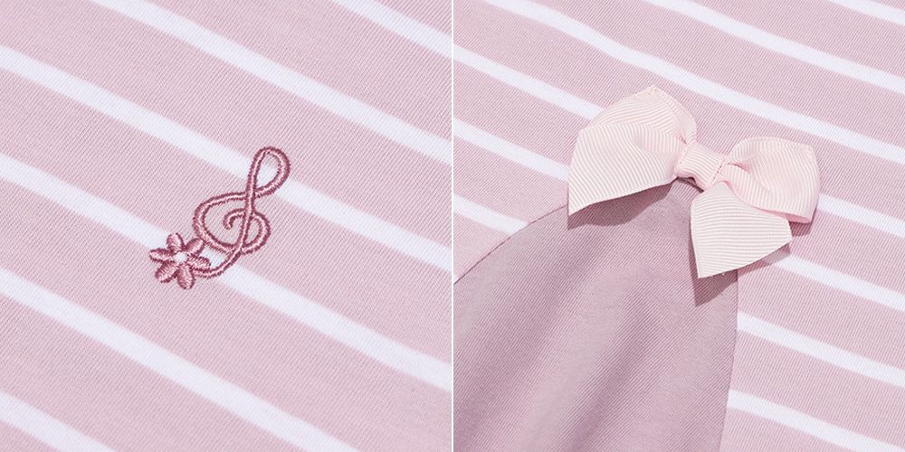 Buck ribbon & note embroidery border T -shirt Pink Design point 2