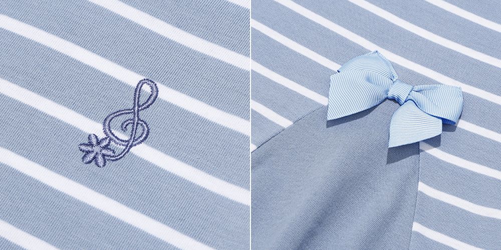 Buck ribbon & note embroidery border T -shirt Blue Design point 2