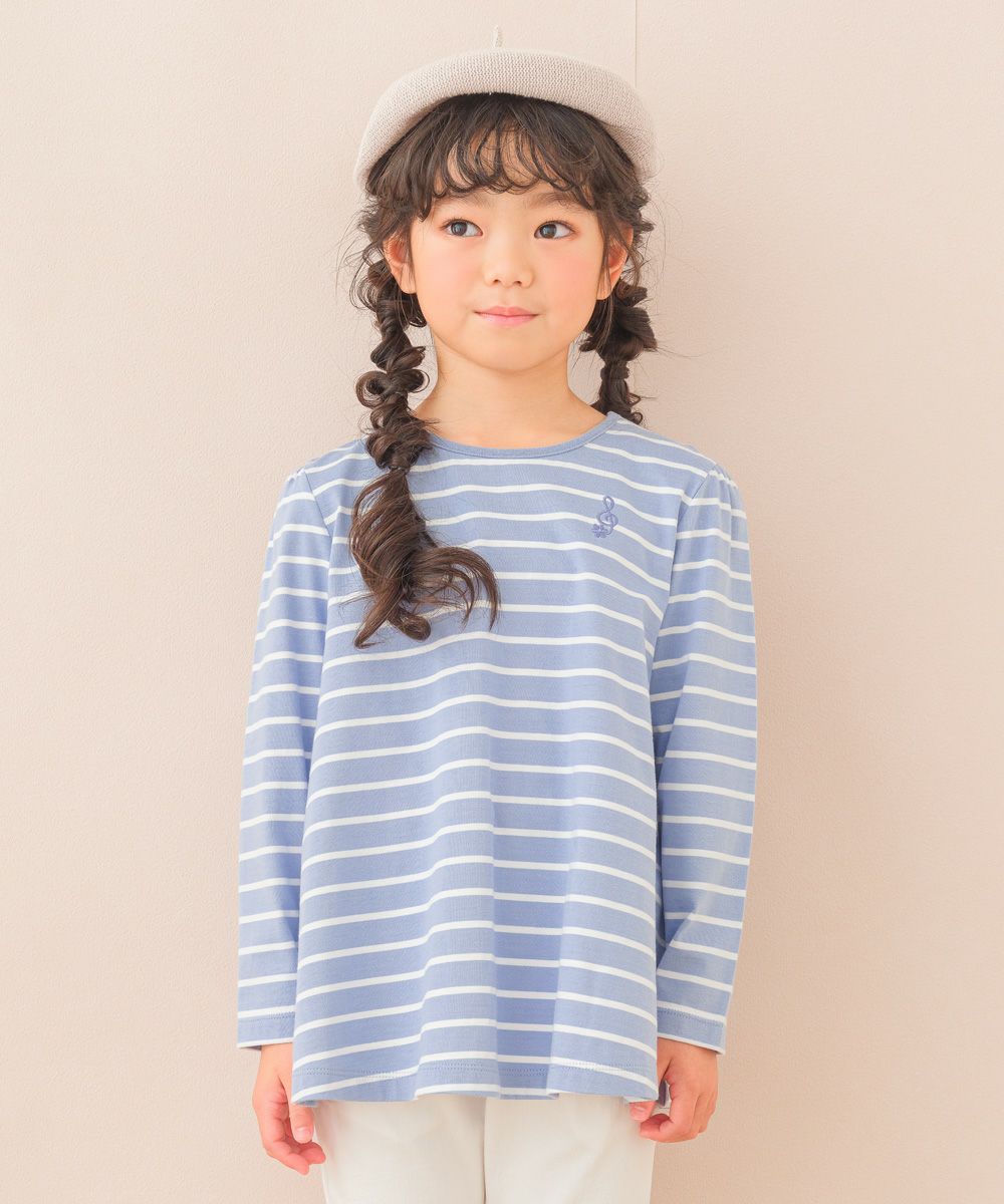 Buck ribbon & note embroidery border T -shirt Blue model image up