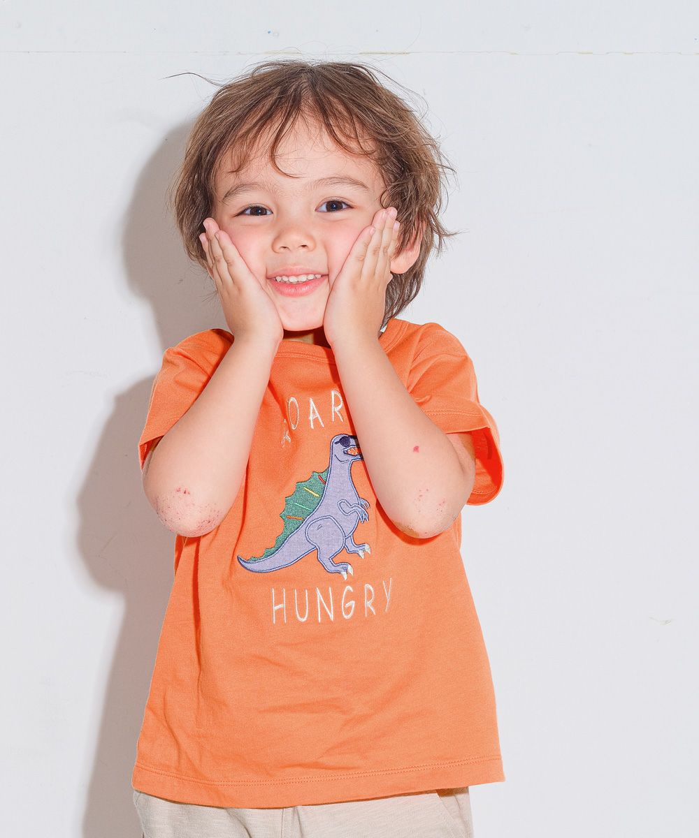 100 % cotton dinosaur embroidery logo T -shirt Orange model image up