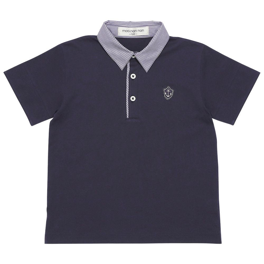 100 % cotton Children's clothes Kids Kids Junior Cotton Stripe Logo Wappen Te Shirt with Collar Navy front