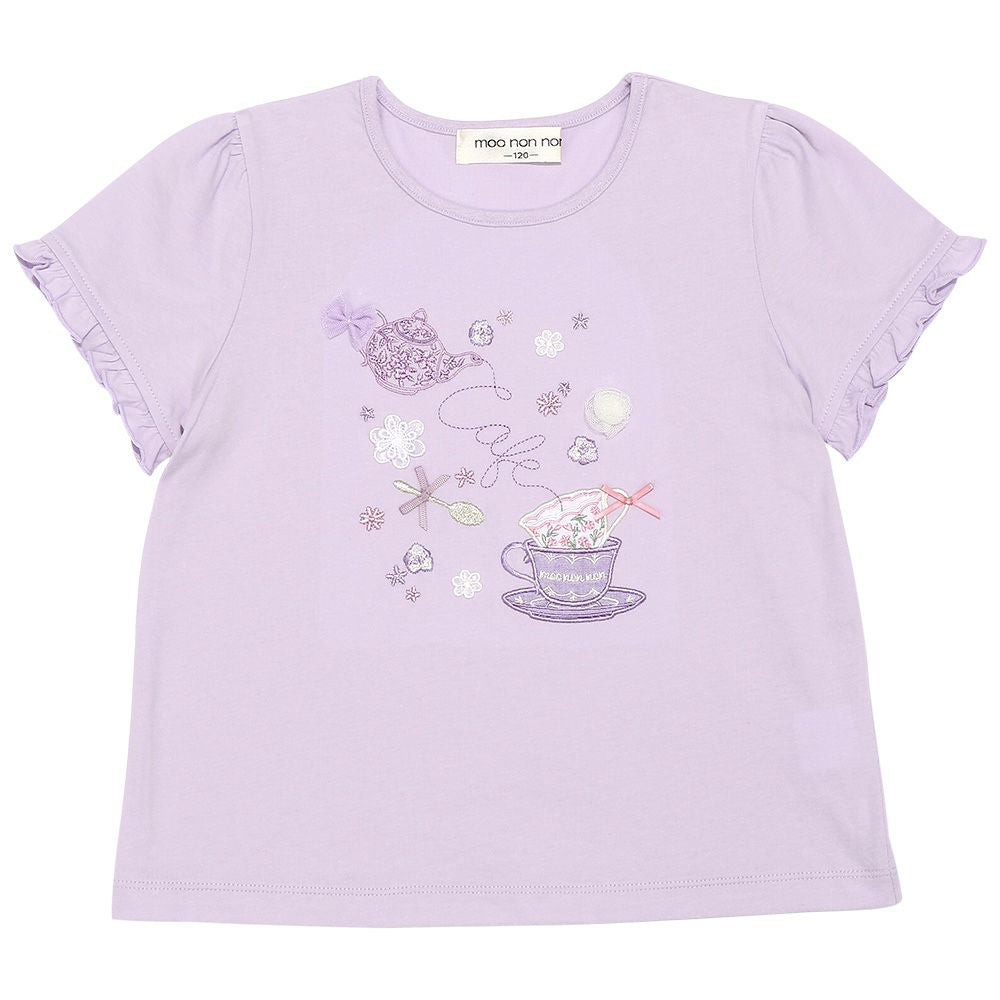 100 % cotton tea cup embroidery T -shirt Purple front