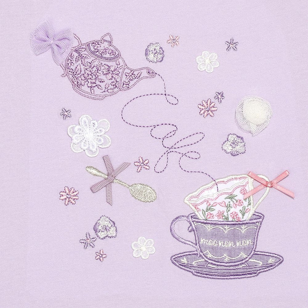 100 % cotton tea cup embroidery T -shirt Purple Design point 1
