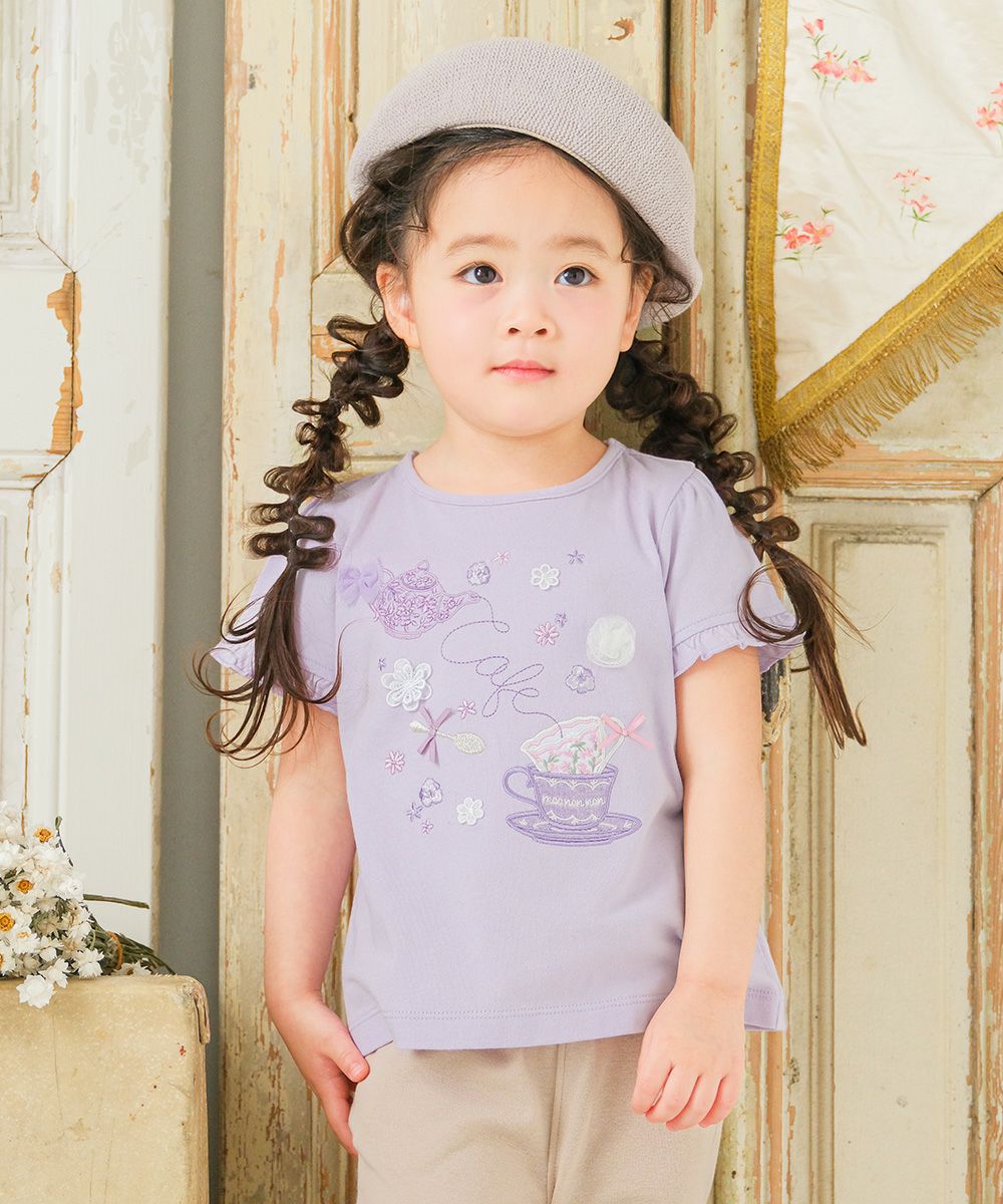 100 % cotton tea cup embroidery T -shirt Purple model image up