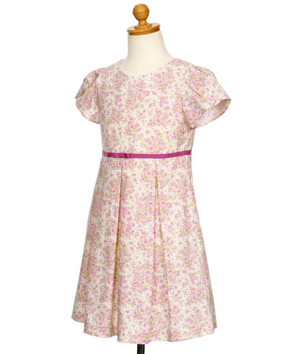 100 % Japanese cotton small floral pattern dress with ribbon Pink torso