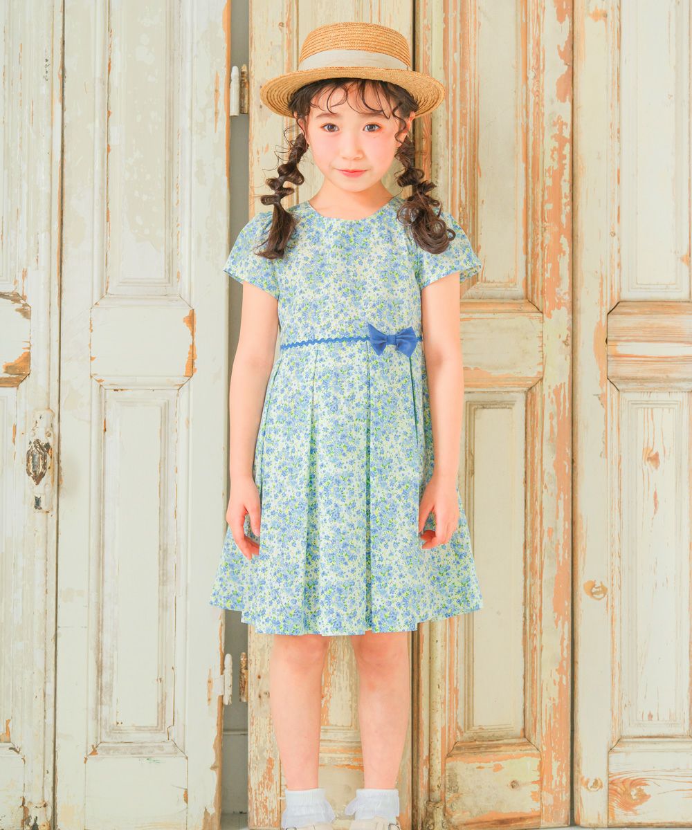Japanese cotton 100 % small floral pleated dress Blue model image up
