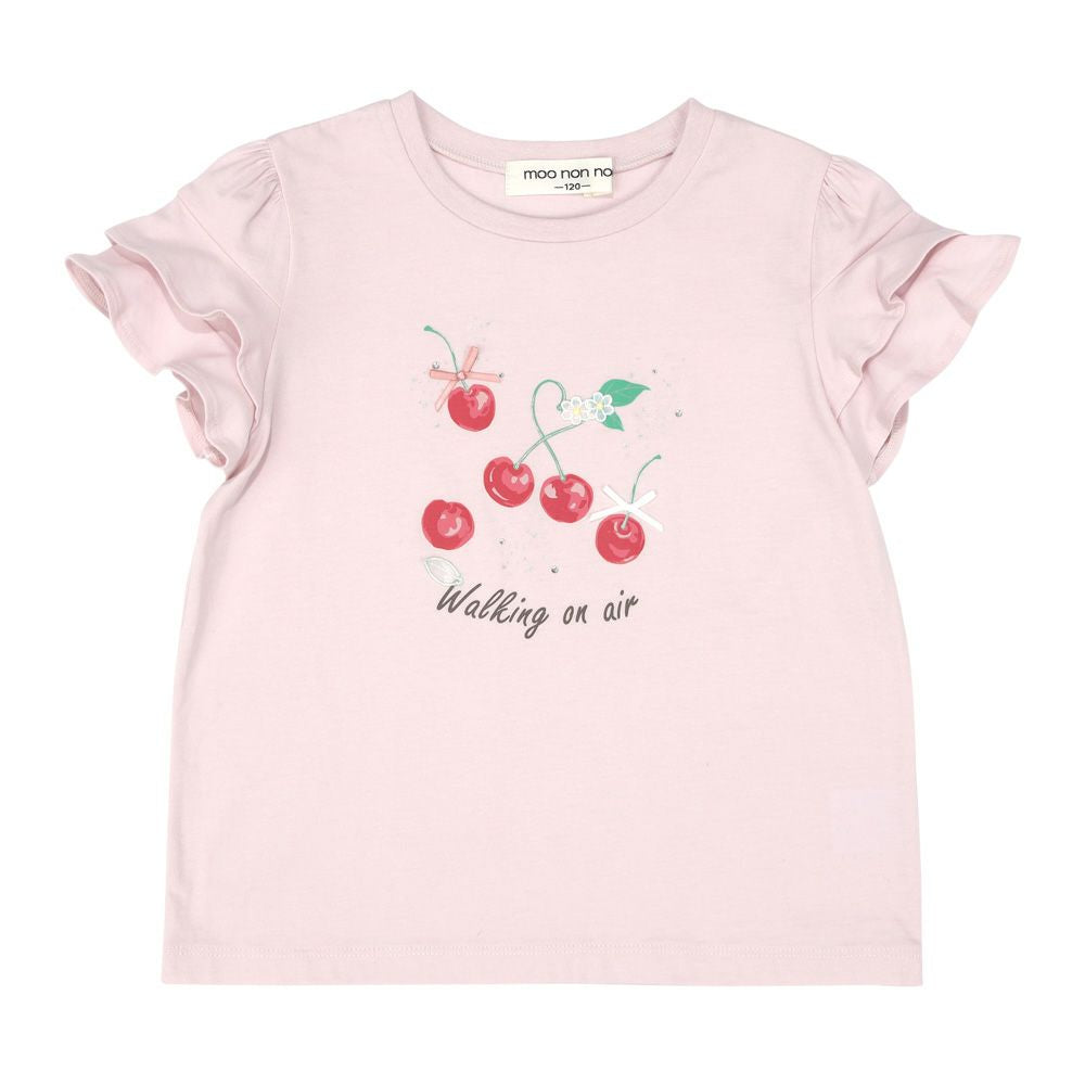100 % cotton cherry print frills T -shirt Pink front