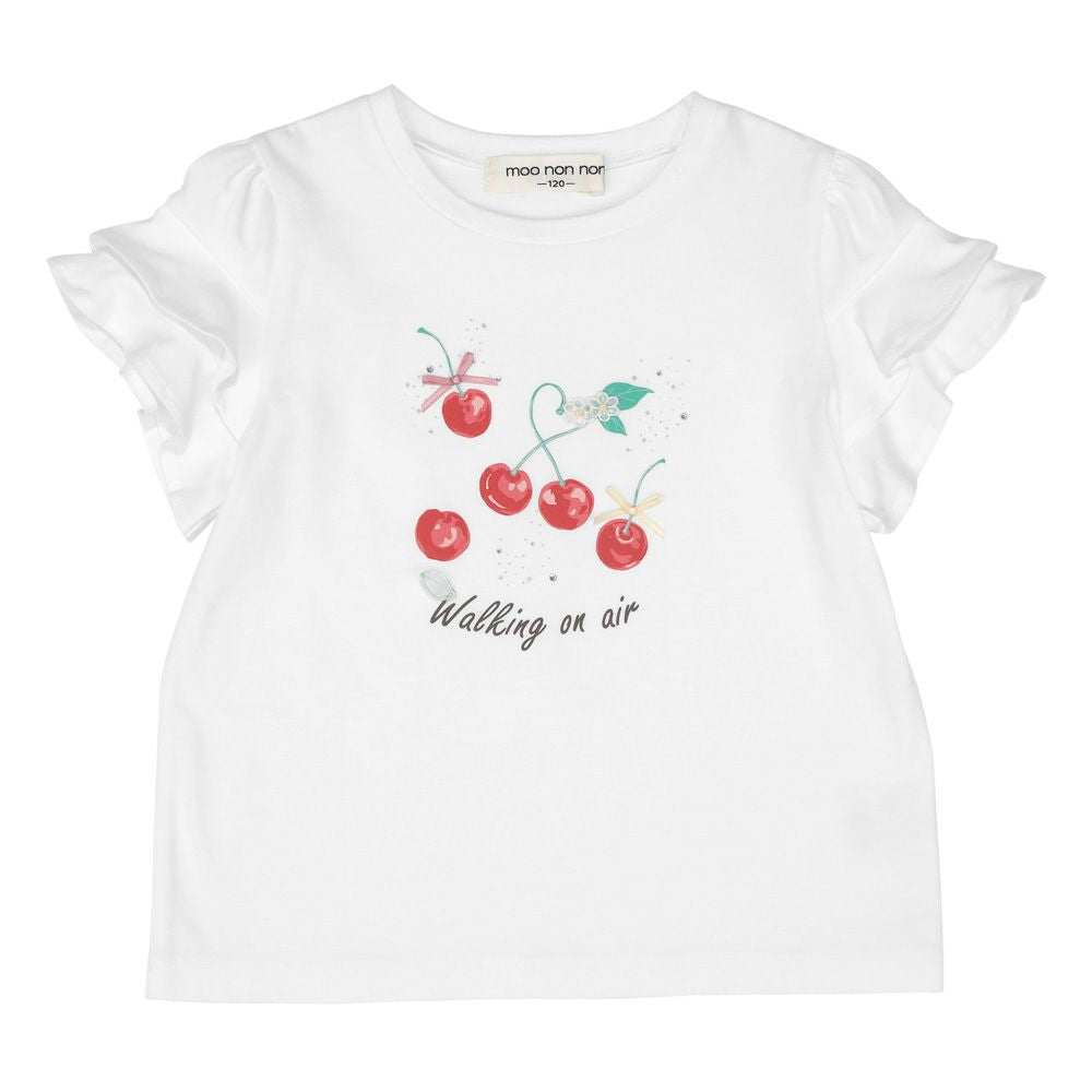 100 % cotton cherry print frills T -shirt Off White front
