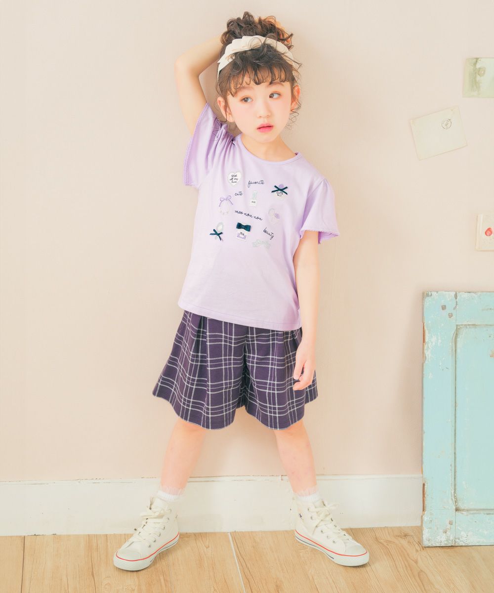 綿100％ リボン付き キラキラ プリント Tシャツ Purple model image 1