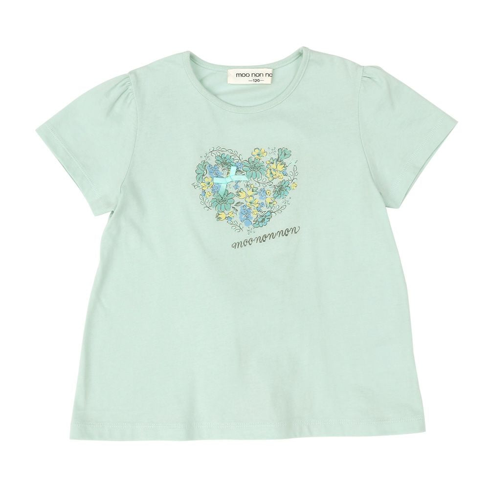 綿100％ ハート 花柄 Tシャツ Green front