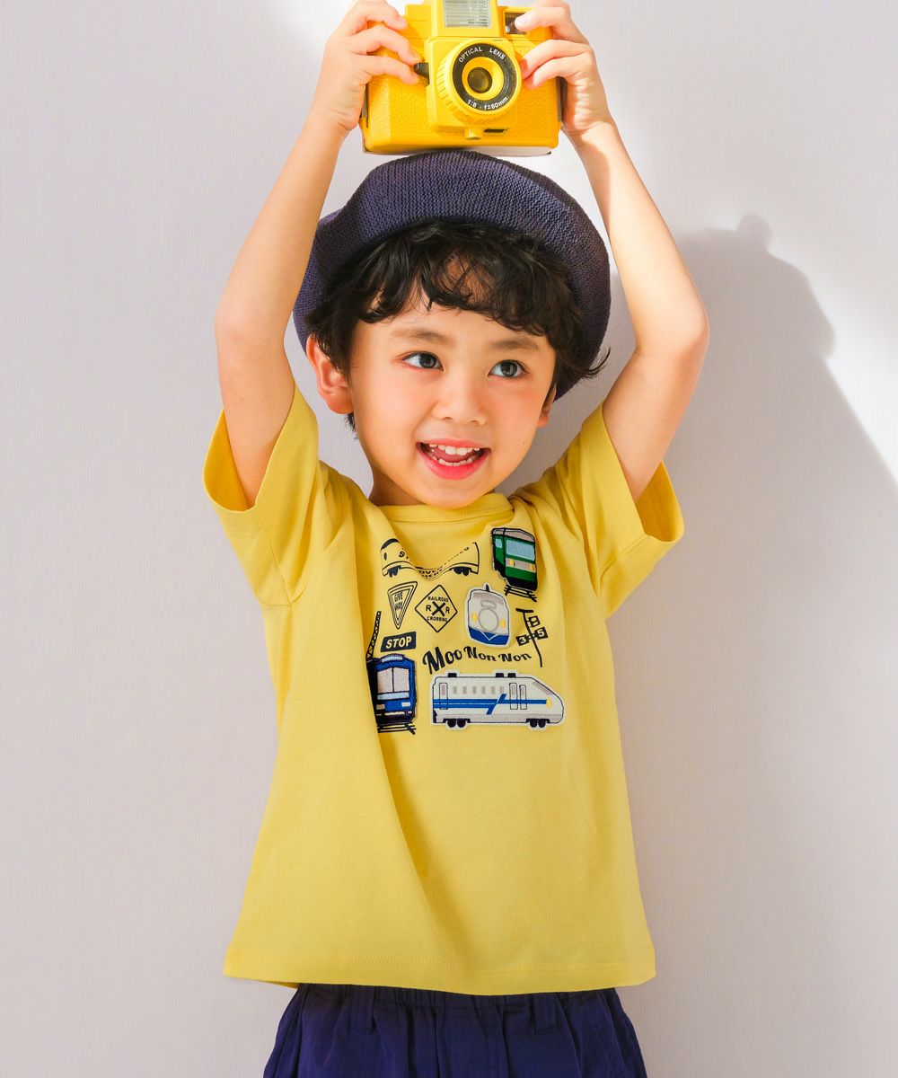 綿100％ 電車 乗り物 刺繍ワッペン Tシャツ Yellow model image 1