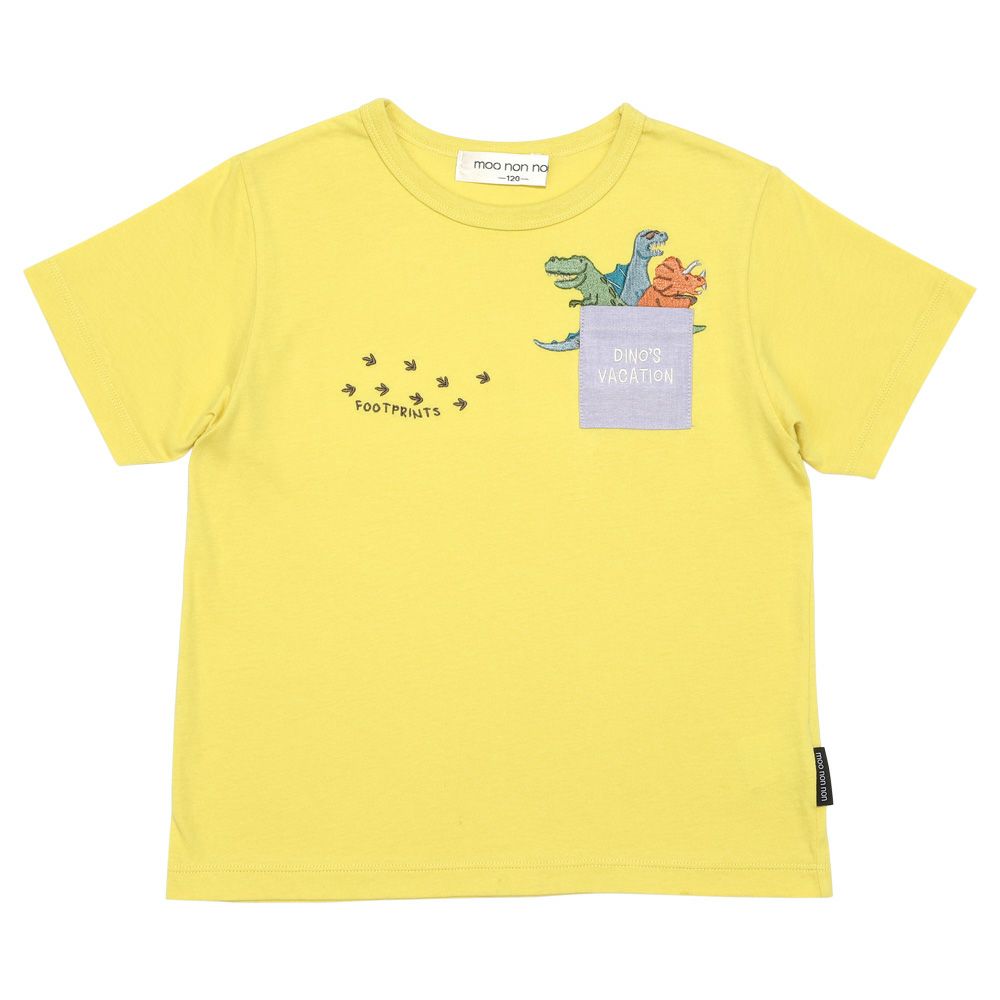 恐竜 刺繍 ポケット Tシャツ Yellow front