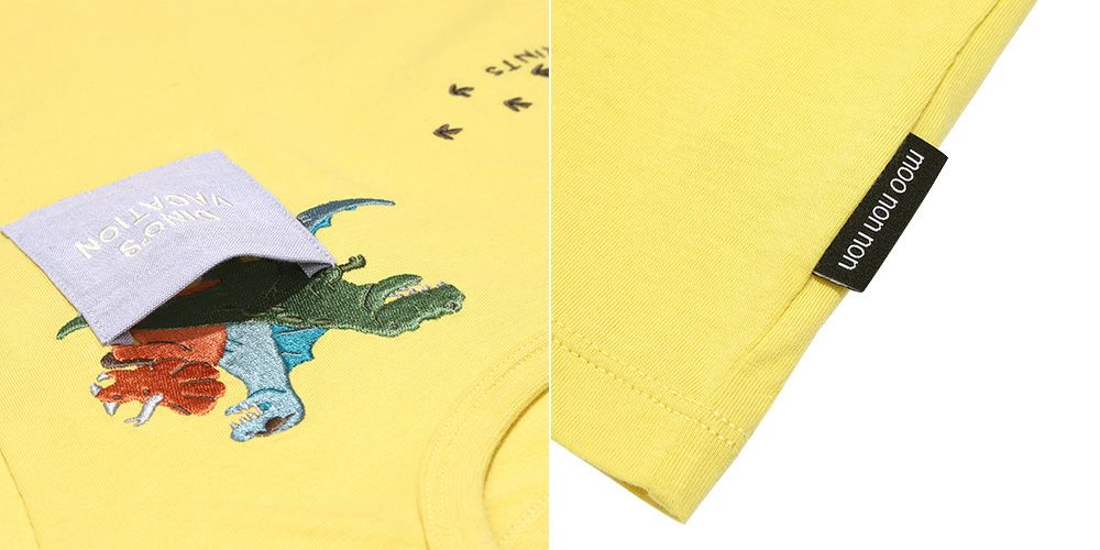 恐竜 刺繍 ポケット Tシャツ Yellow Design point 2