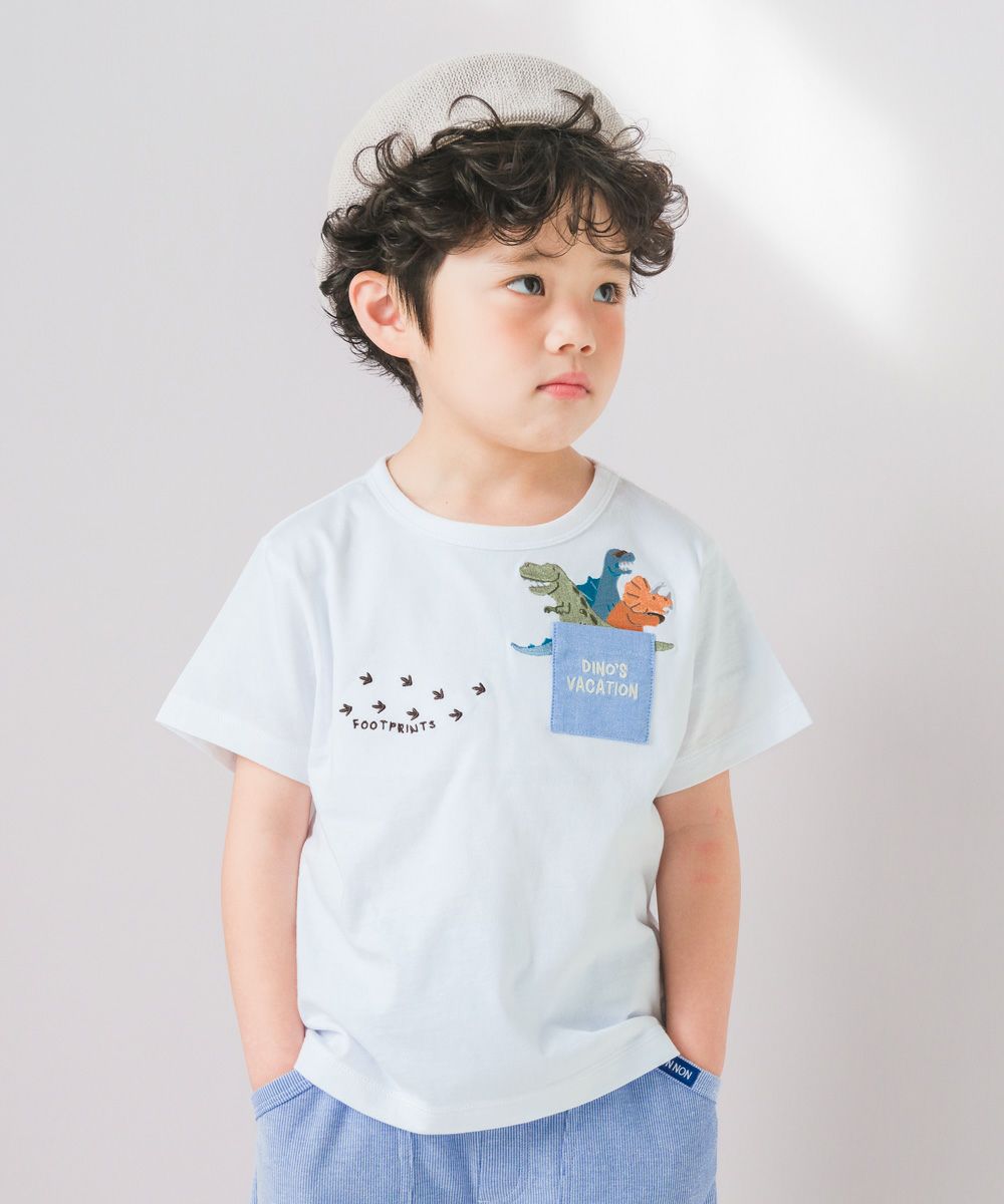 恐竜 刺繍 ポケット Tシャツ Off White model image 1