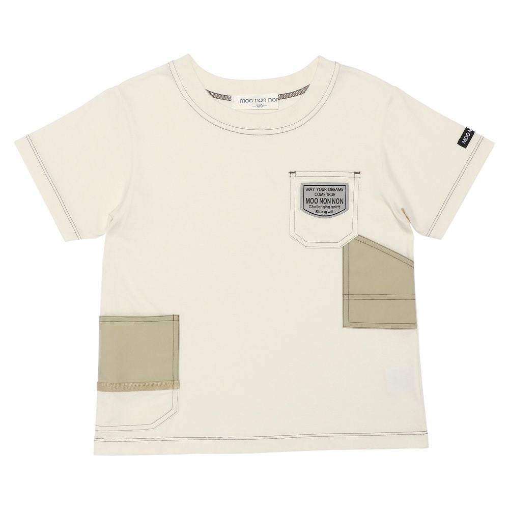 綿100％  ロゴ ワッペン ポケット付き Tシャツ Ivory front