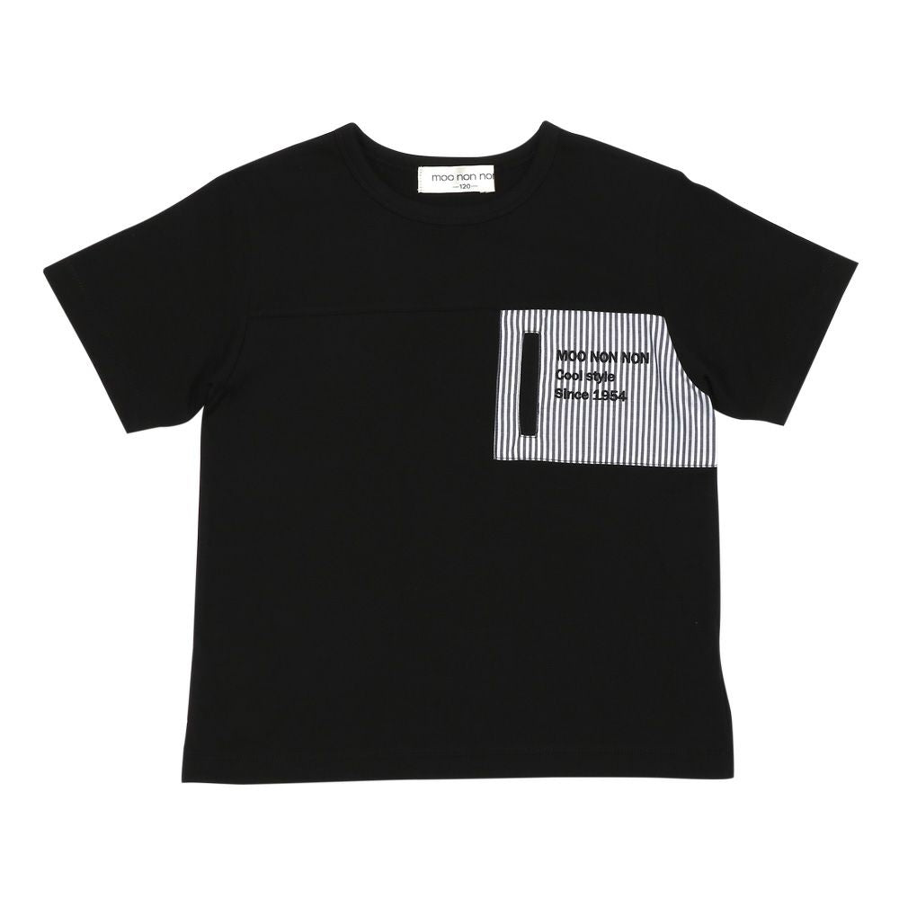 綿100％ ストライプ ロゴ刺繍 Tシャツ Black front