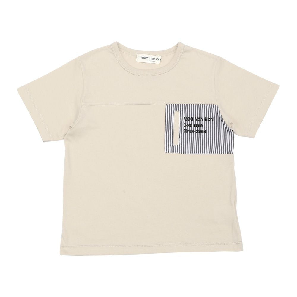 綿100％ ストライプ ロゴ刺繍 Tシャツ Beige front