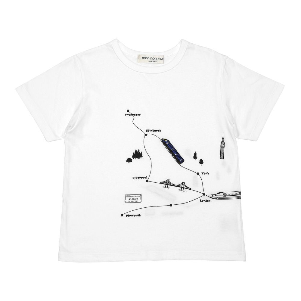 綿100％ イギリス風モチーフ 電車 Tシャツ Off White front