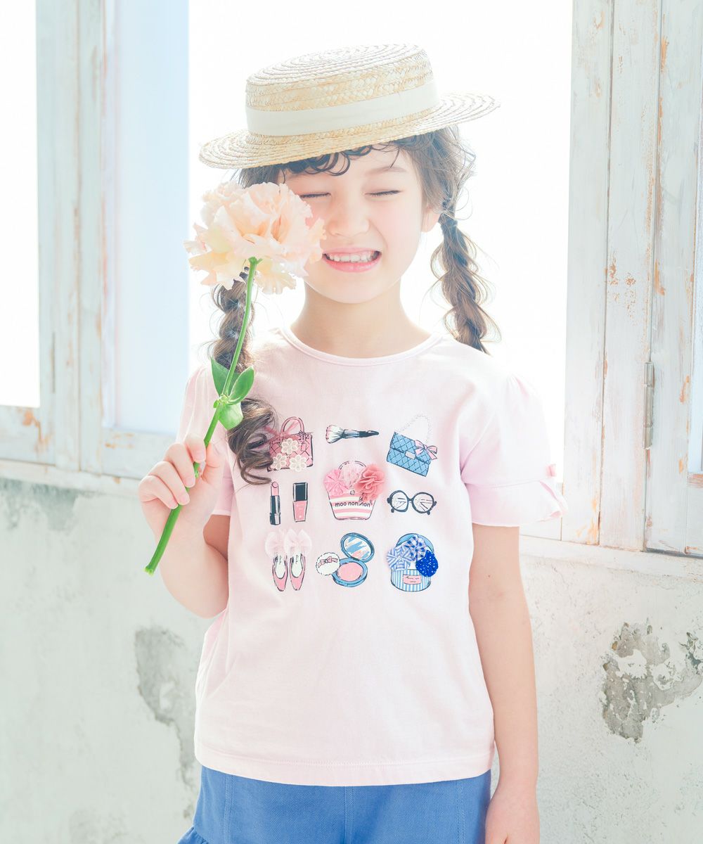 綿100％ 小物モチーフ 裾フリル Tシャツ Pink model image 1